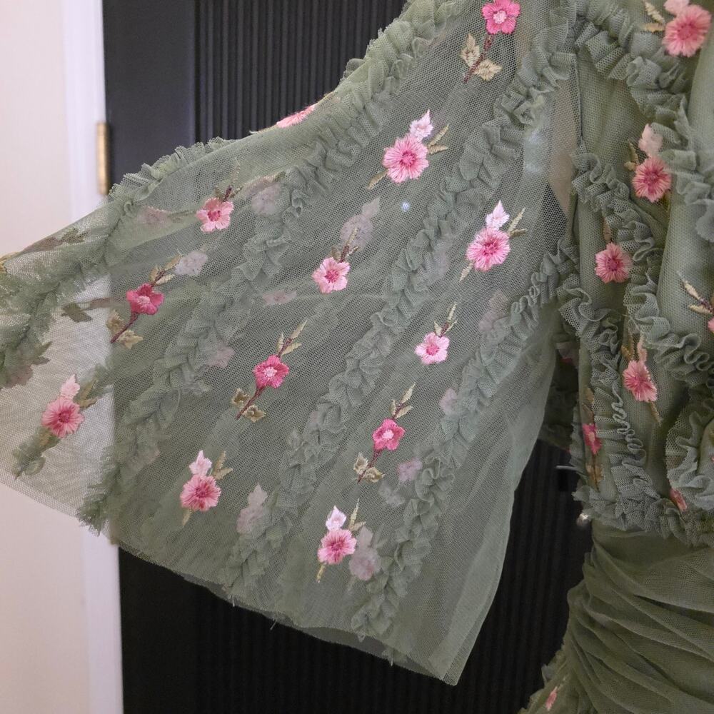 Mac Duggal 8028 Green Moss Floral Embroidered Tulle Gown Flutter Sleeve Dress 18 - Picture 7 of 14